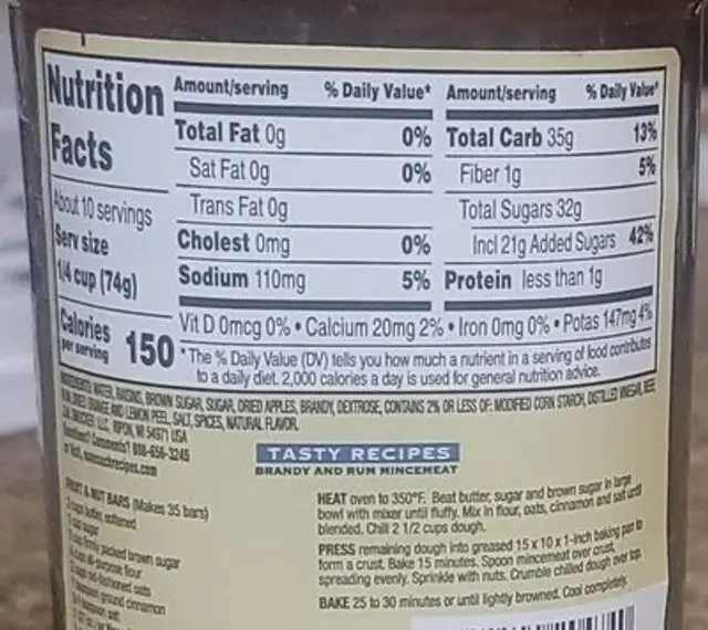 None such brandy and rum mincemeat with raisins & apples nutrition facts table