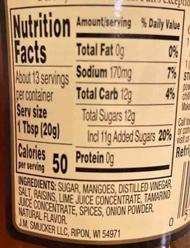 Major grey's chutney nutrition facts table