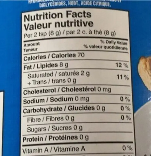 Crisco All Vegetable Shortening nutrition facts table