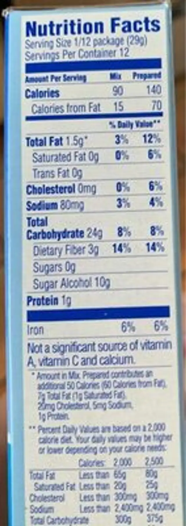 Sugar free milk chocolate brownie mix nutrition facts table