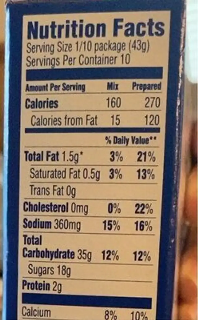 Traditional yellow cake mix nutrition facts table