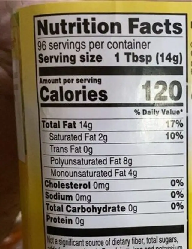 Pure corn oil nutrition facts table