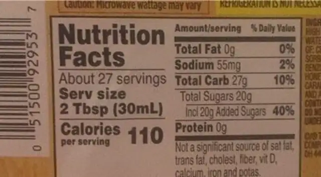 Honey maple nutrition facts table