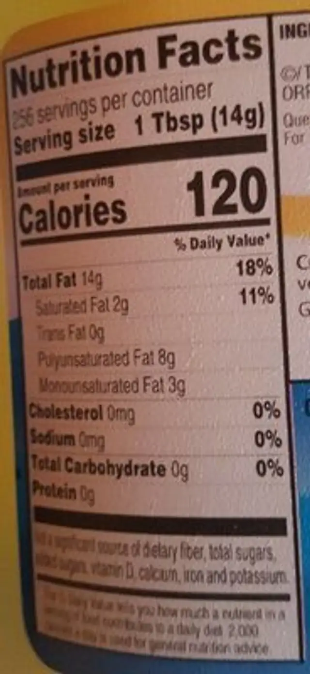 Pure vegetable oil nutrition facts table