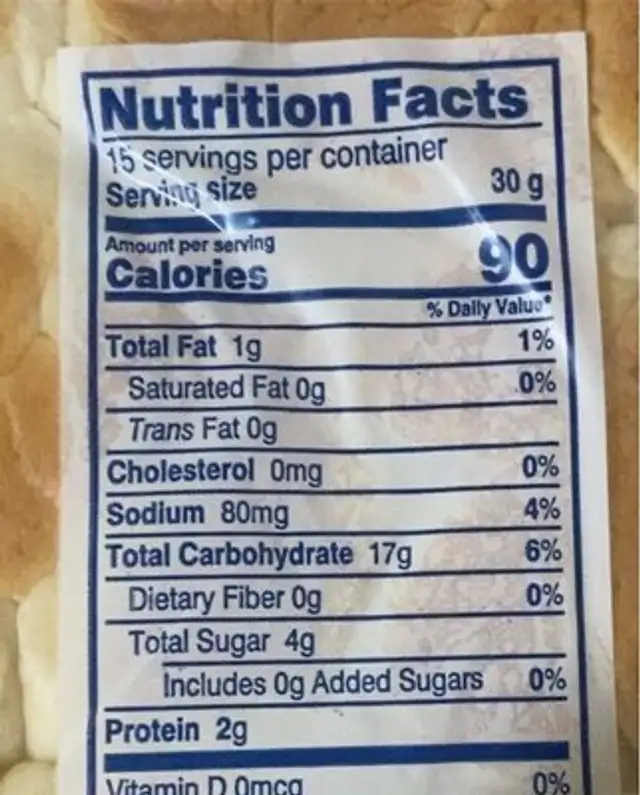 Pan De Leche nutrition facts table