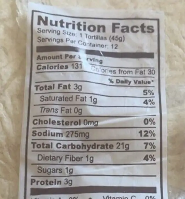 Flour Tortillas nutrition facts table