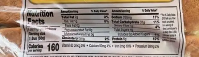 Hamburger Butter Buns nutrition facts table