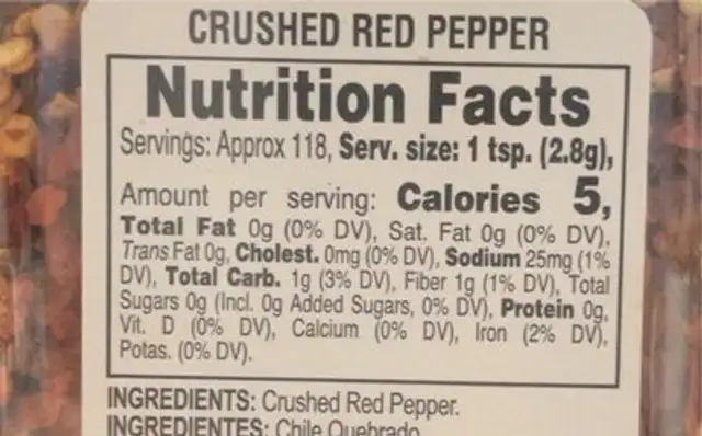 Crushed Red Pepper nutrition facts table