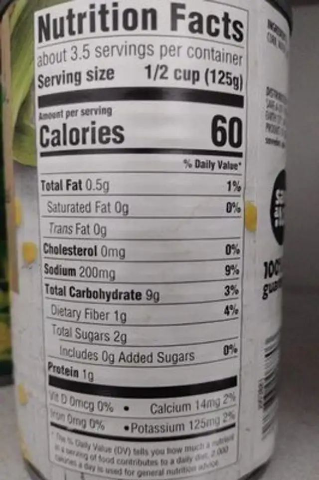 Golden Sweet Whole Kernel Corn nutrition facts table
