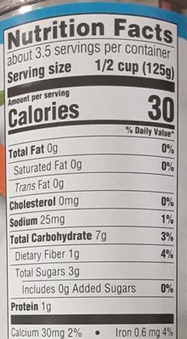 Mixed vegetables nutrition facts table