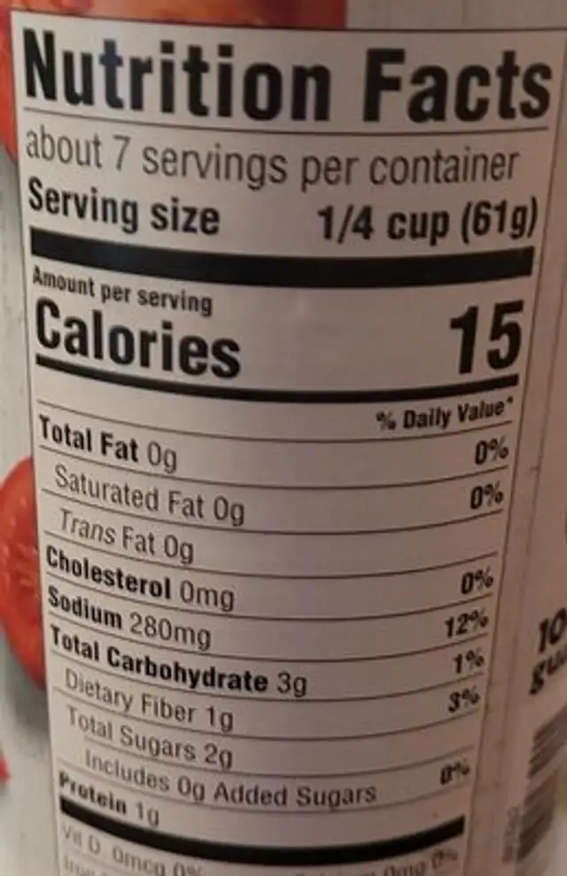 Tomato sauce nutrition facts table