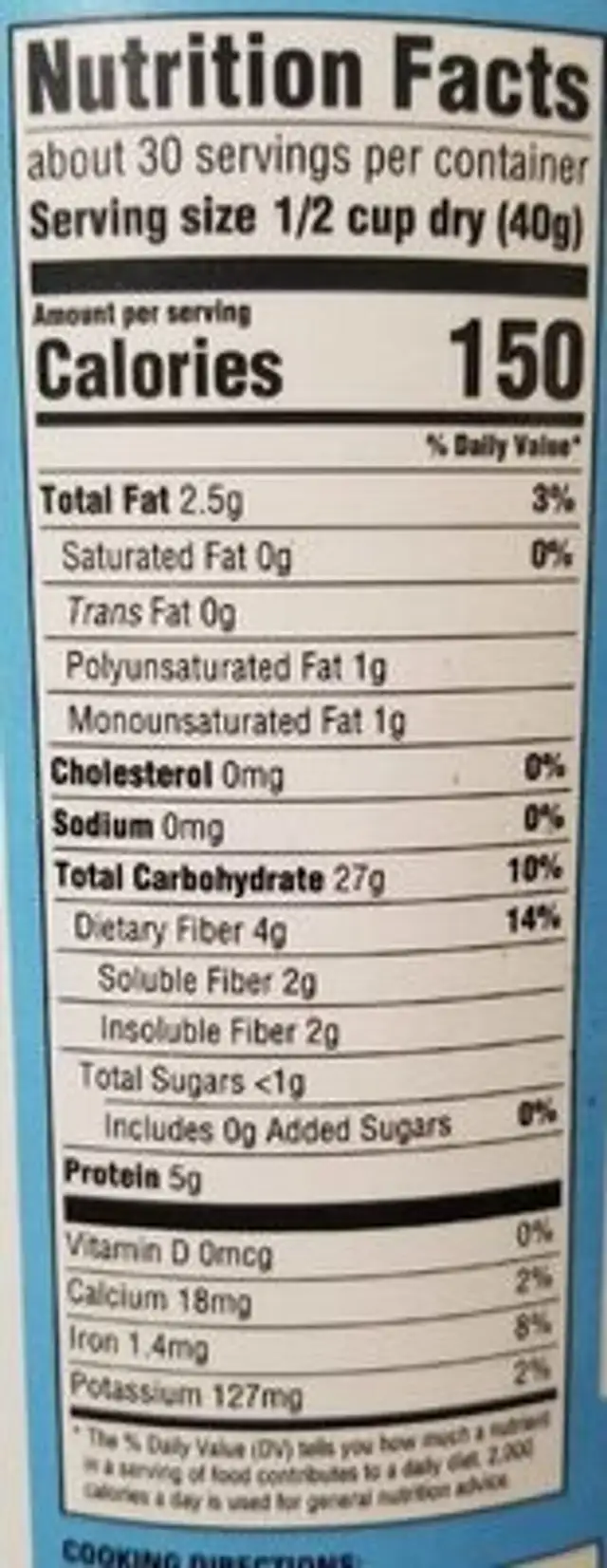 Old Fashioned Oats nutrition facts table