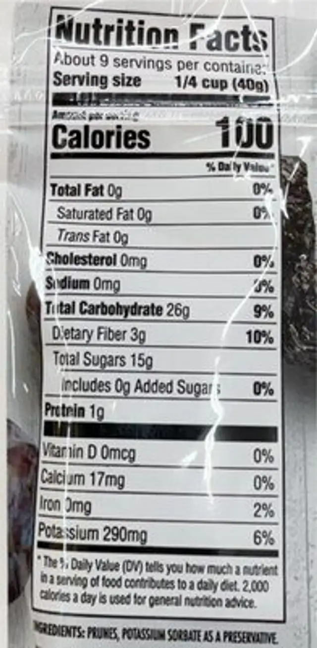 Pitted Prunes nutrition facts table
