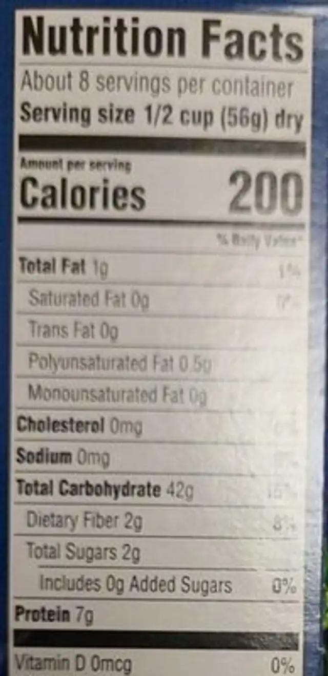 Elbow macaroni nutrition facts table