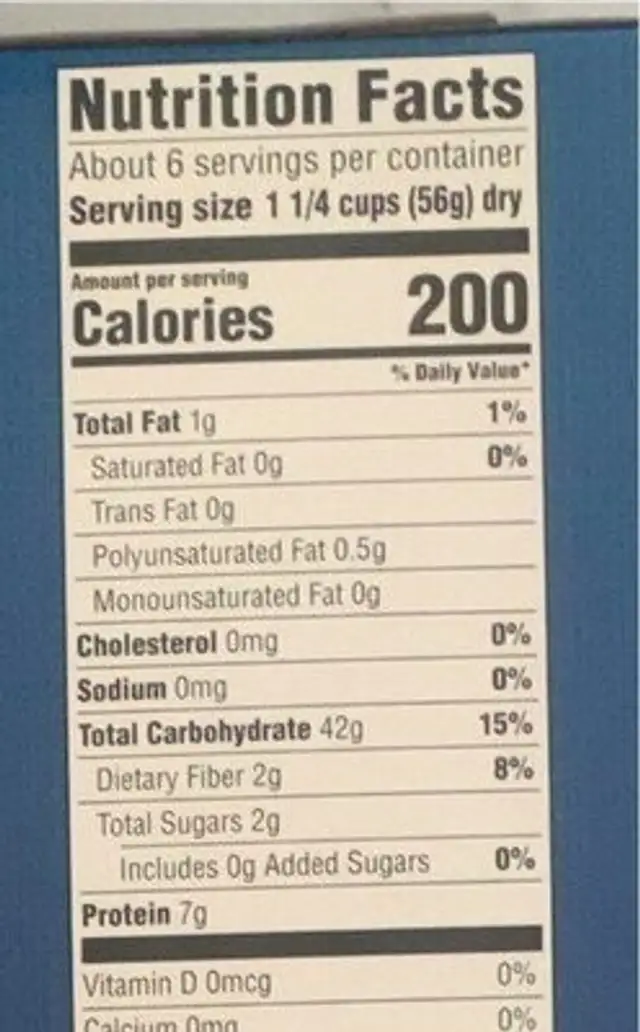Bowtie nutrition facts table