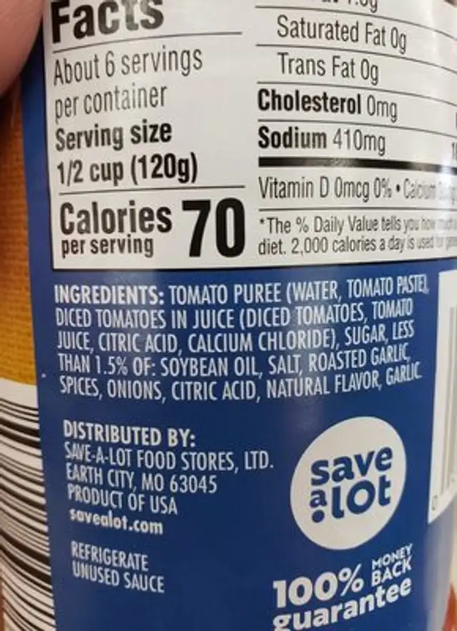 Garlic Herb Pasta Sauce ingredients label