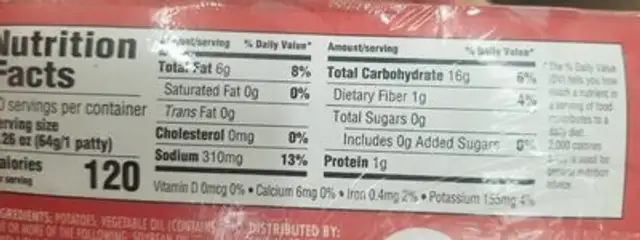 Hash brown patties nutrition facts table