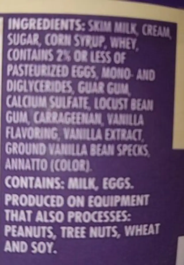 French Vanilla Ice Cream ingredients label