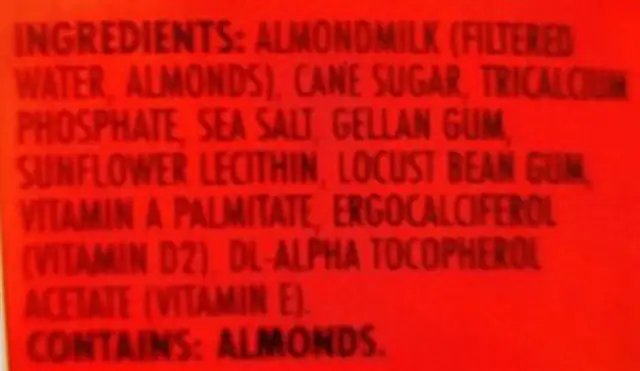 original almond milk ingredients label