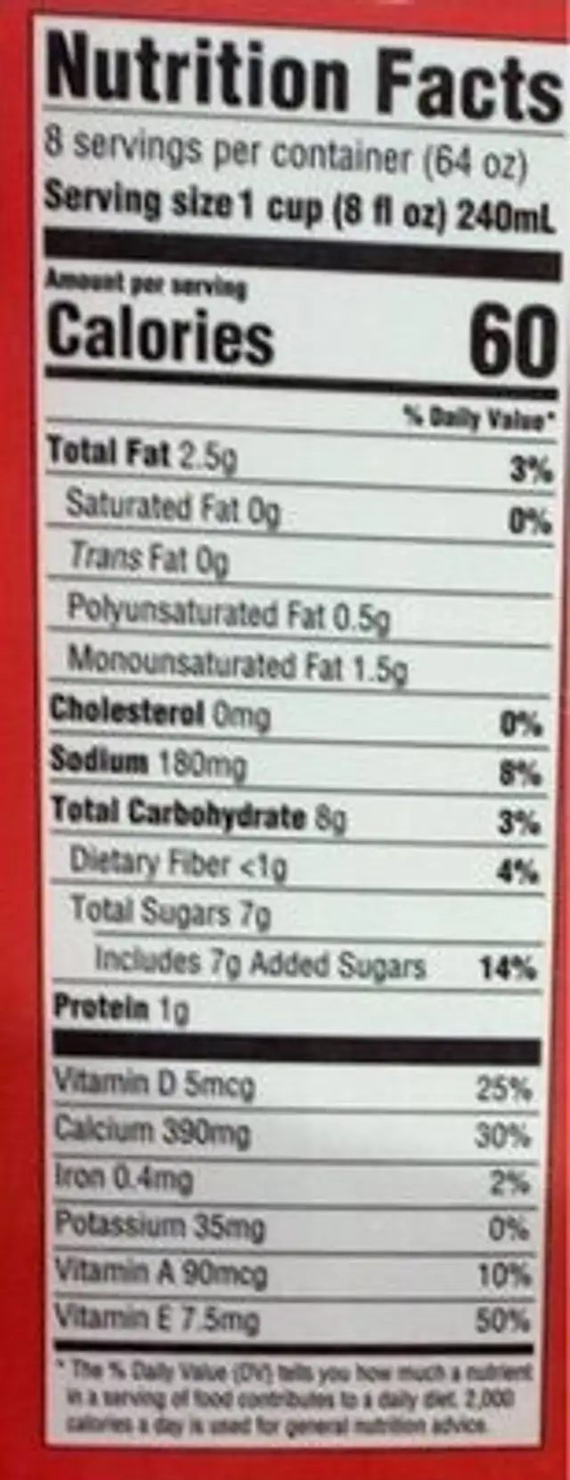 original almond milk nutrition facts table