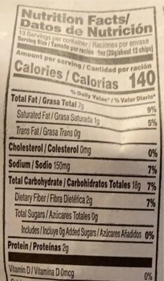 Tortilla Chips nutrition facts table