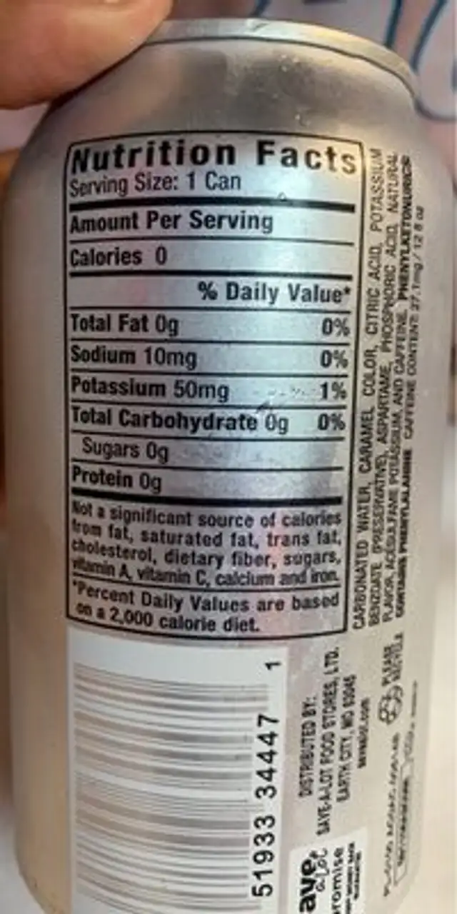 Diet cola nutrition facts table