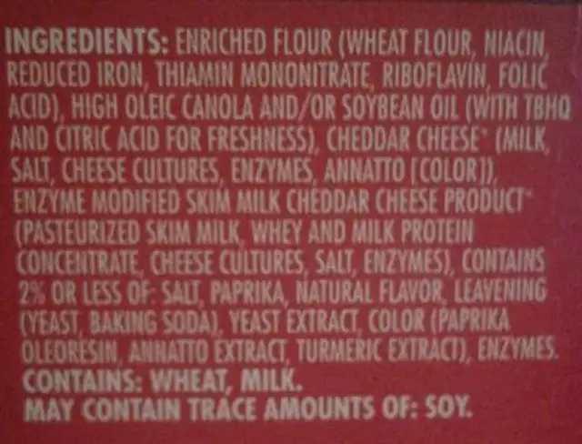 Cheese bits ingredients label