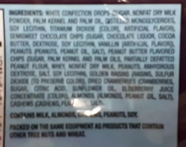 Indulgent Trial Mix ingredients label