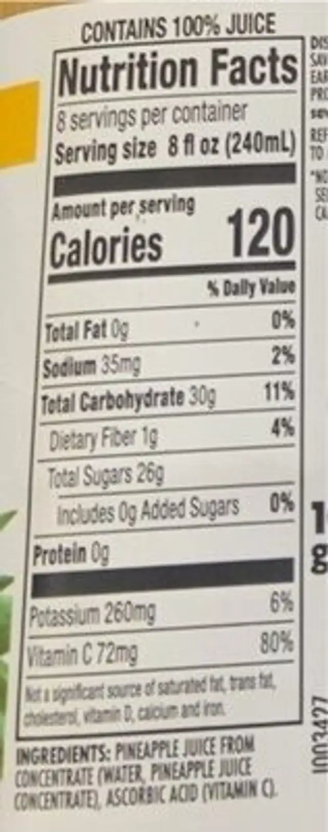 Pineapple juice nutrition facts table