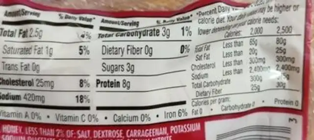 Smoked Honey Ham nutrition facts table