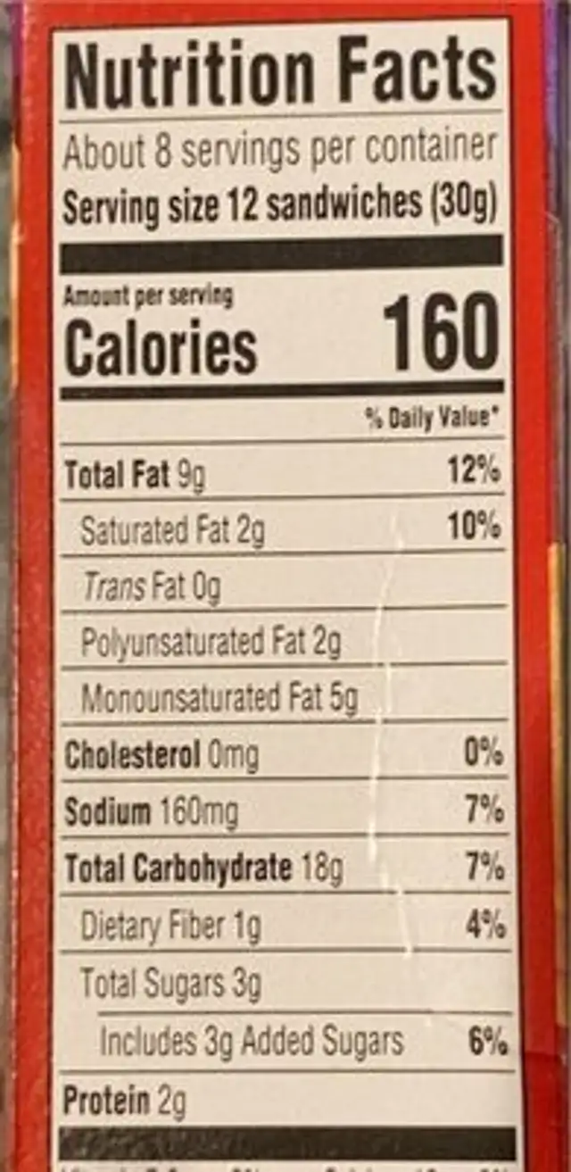Golden Minis nutrition facts table