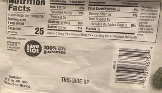 Broccoli Cuts nutrition facts table