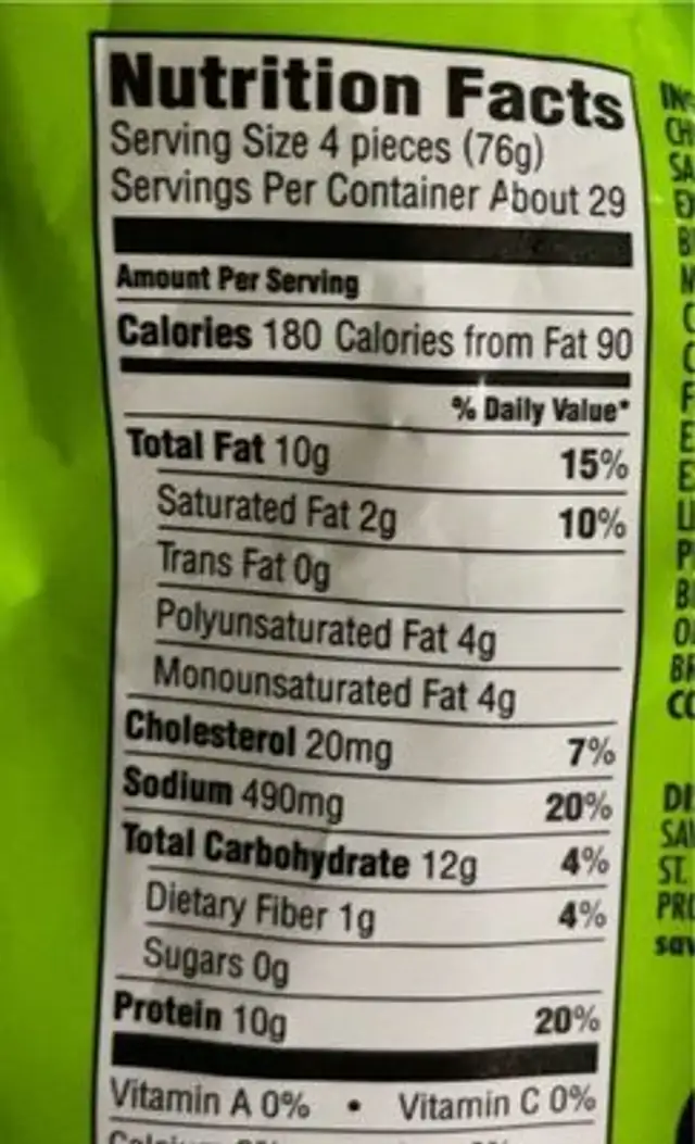 Chicken nuggets nutrition facts table