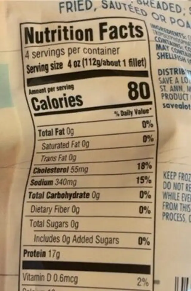 Cod fillet nutrition facts table