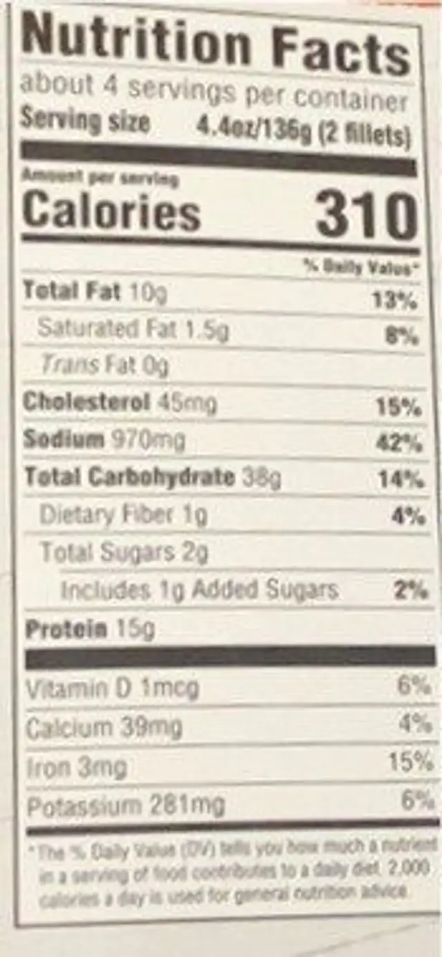 Wild caught crispy battered whole fish fillets nutrition facts table