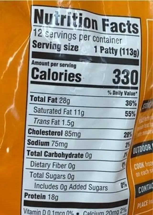 100% pure beef patties nutrition facts table