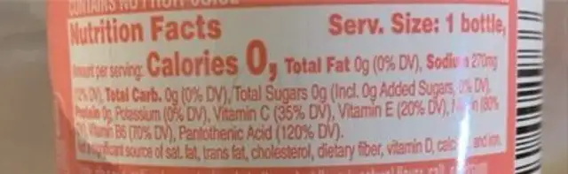 Peach Water Beverage nutrition facts table