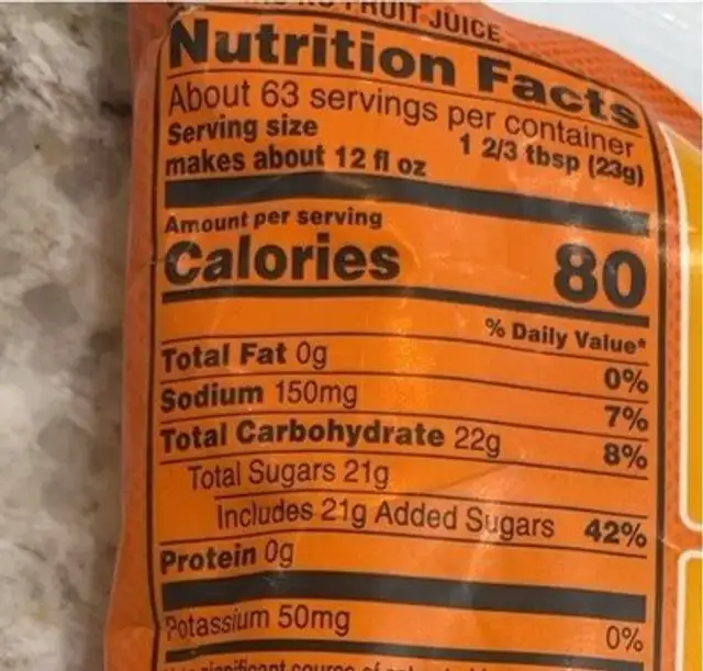 Orange thirst quencher powder mix packet makes gallons nutrition facts table