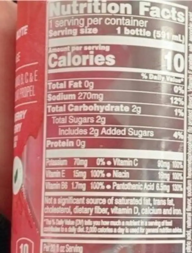 Propel nutrition facts table