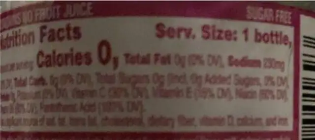 Propel nutrition facts table