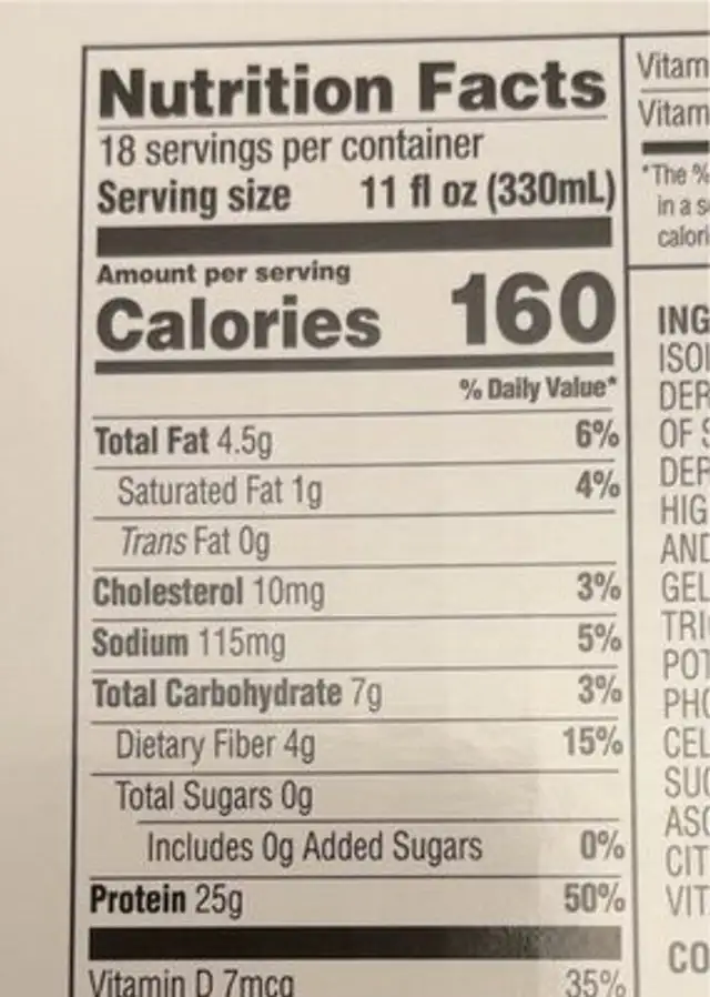 Muscle Milk nutrition facts table