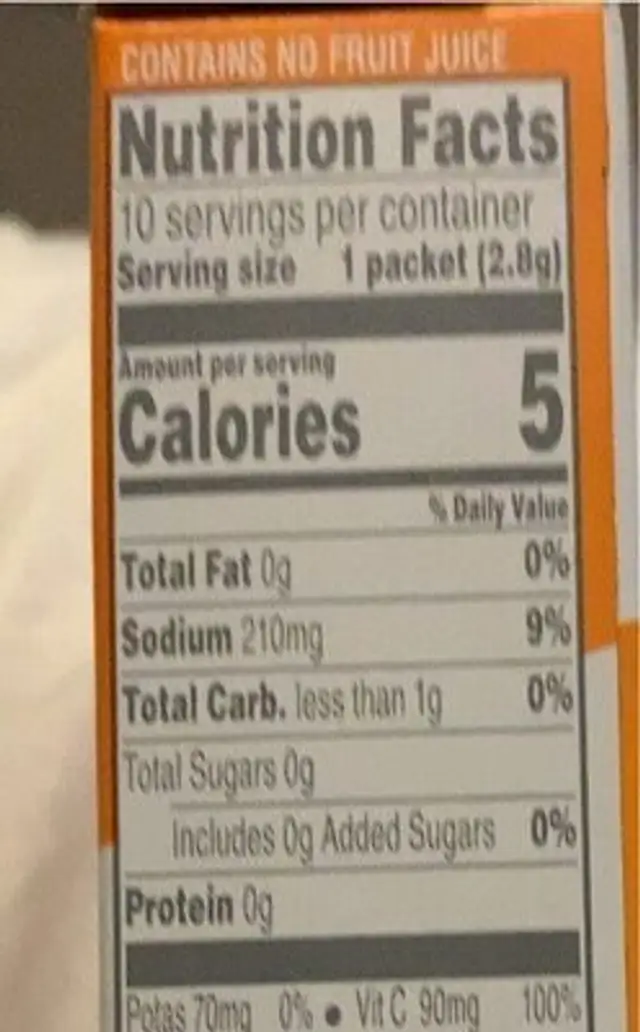 Propel Water Electrolyte Mix nutrition facts table