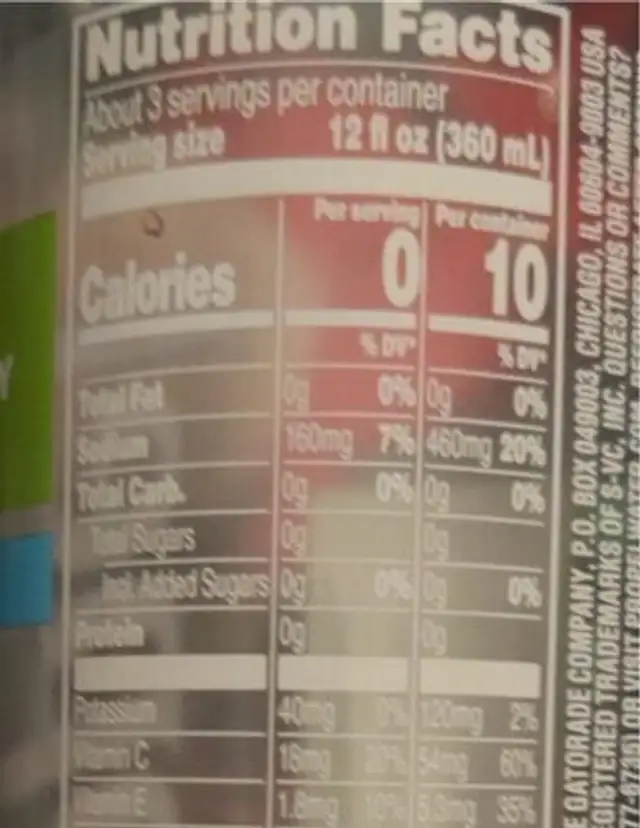 Propel nutrition facts table