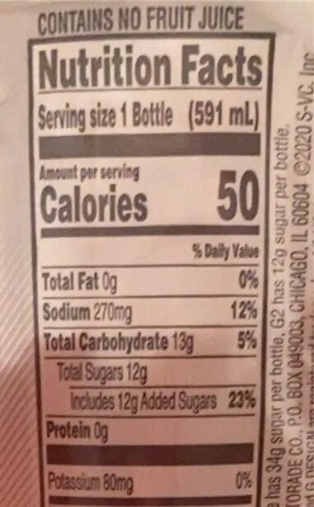 G2 Low Calorie Fruit Punch Thirst Quencher 20 nutrition facts table