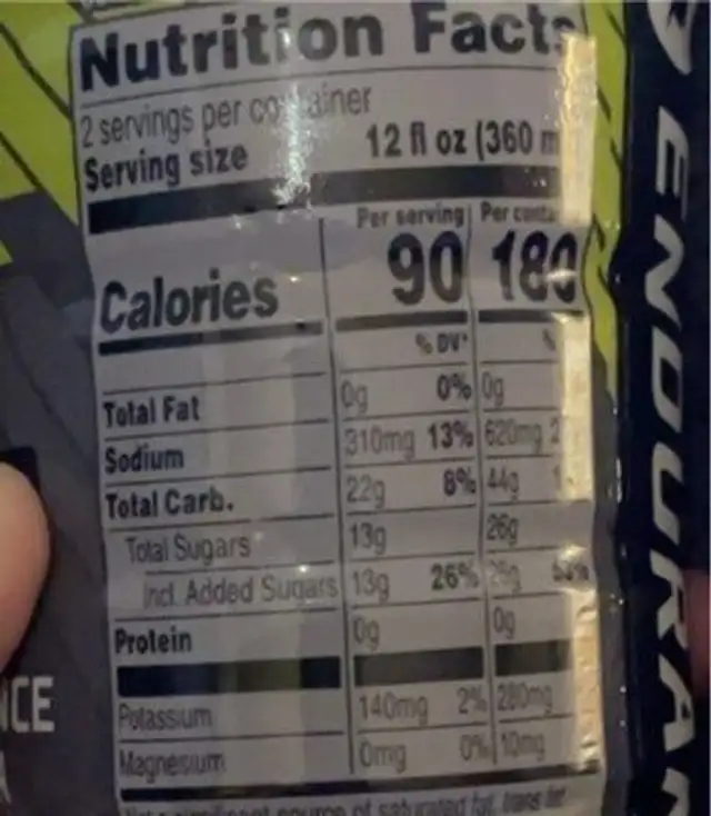 Endurance formula nutrition facts table