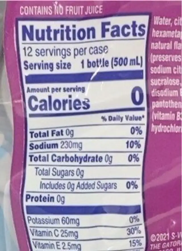 Propel zero nutrient enhanced water berry nutrition facts table