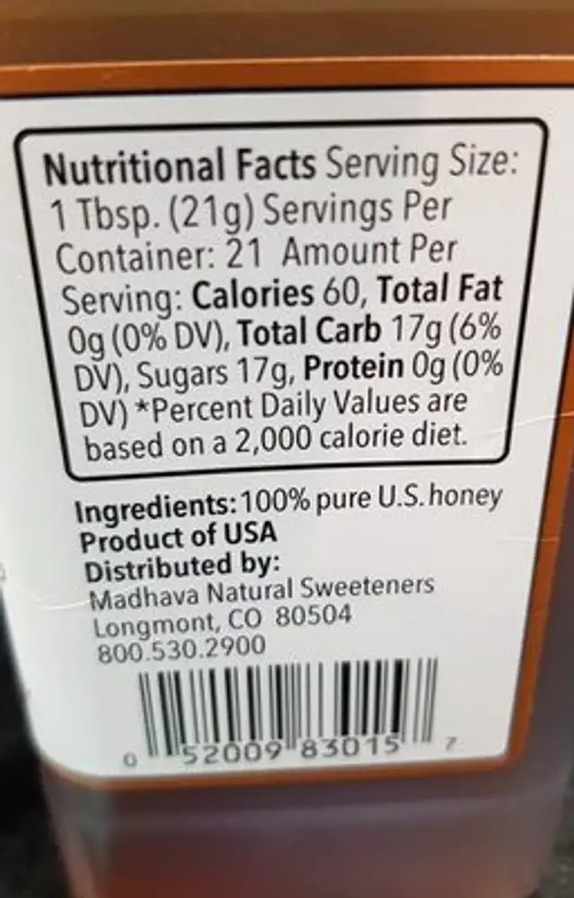 Raw & gently filtered pure honey ingredients label