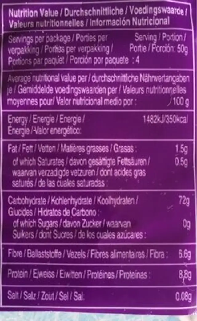 Vermicelle Riz Brun 200G nutrition facts table