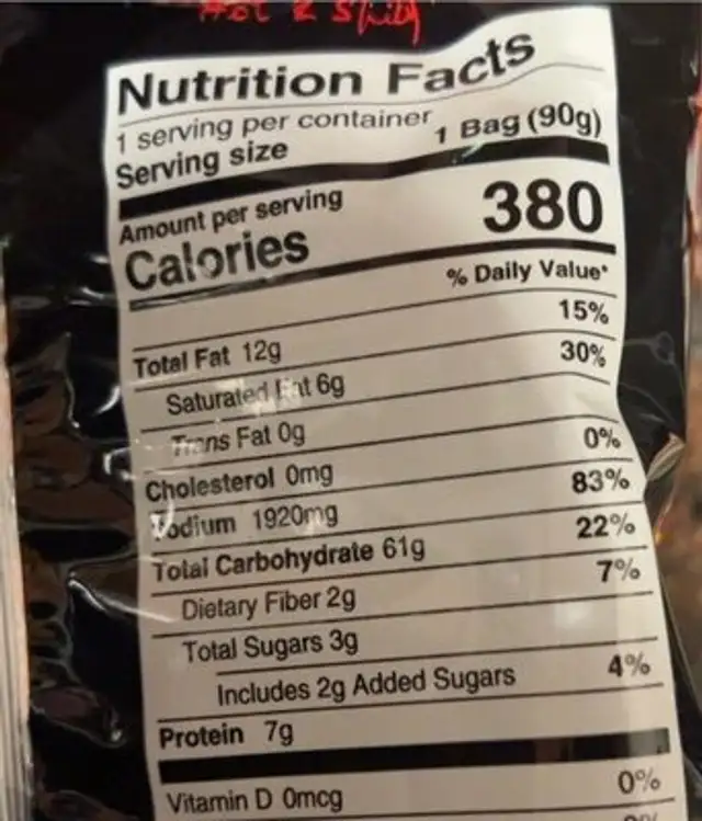 Hot &Spicy Oriental Style Instant Noodles nutrition facts table
