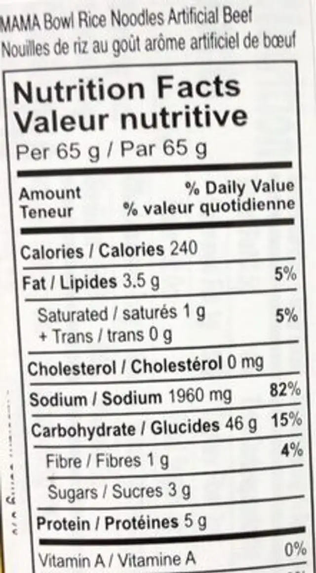 Pho bo rice noodles with artificial beef flavour nutrition facts table